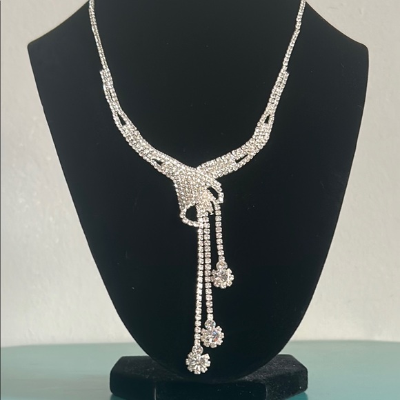 Jewelry - Floral Art Deco Bridal Wedding Prom Formal Drop Rhinestone and Silver Necklace
